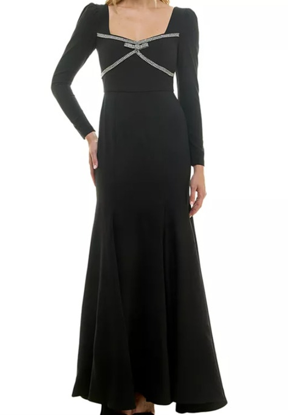 Taylor Women's Rhinestone-Trim Long-Sleeve Gown in Black